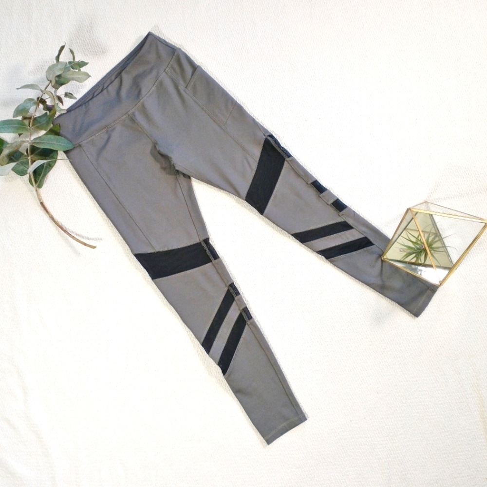 X By Gottex Women's Dark Charcoal Grey Leggings with Black Mesh Inserts Size S